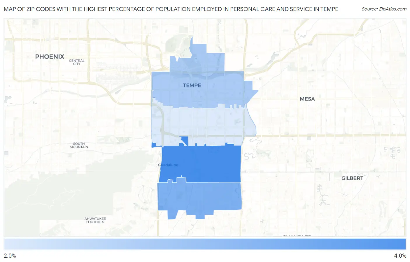 Zip Codes with the Highest Percentage of Population Employed in Personal Care and Service in Tempe Map