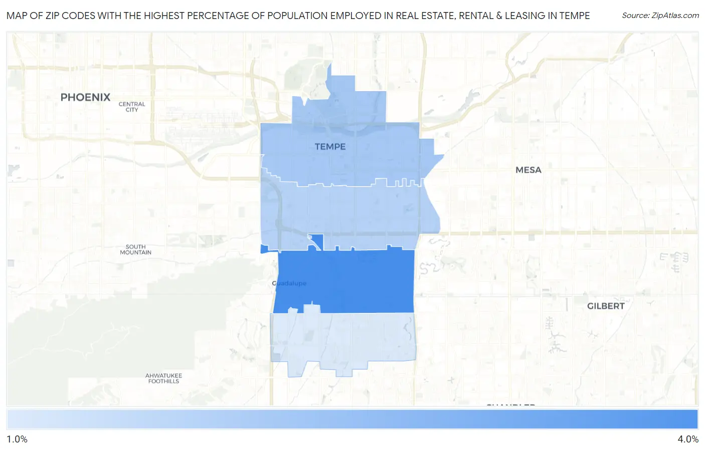 Zip Codes with the Highest Percentage of Population Employed in Real Estate, Rental & Leasing in Tempe Map