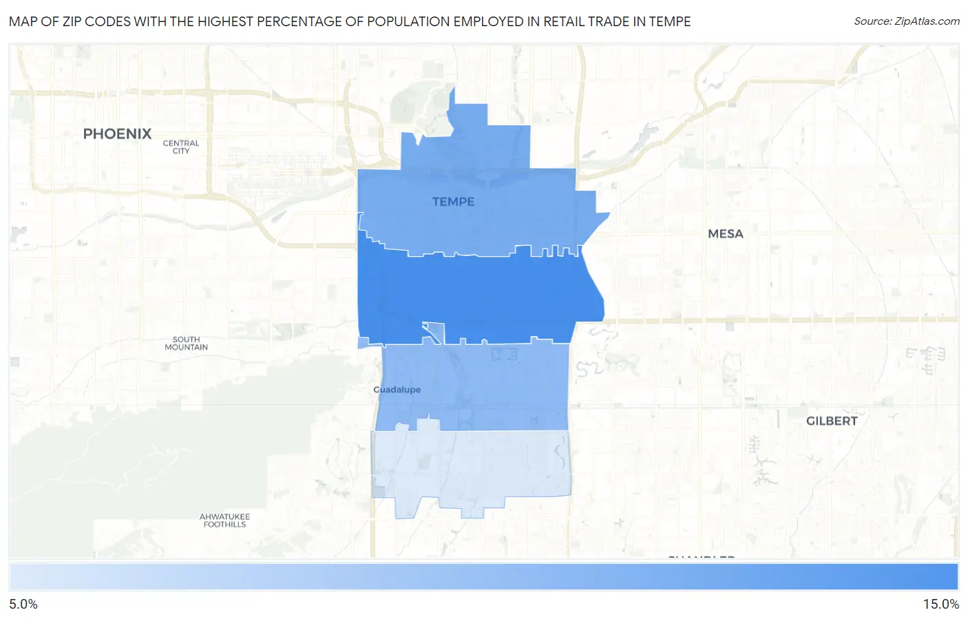 Zip Codes with the Highest Percentage of Population Employed in Retail Trade in Tempe Map