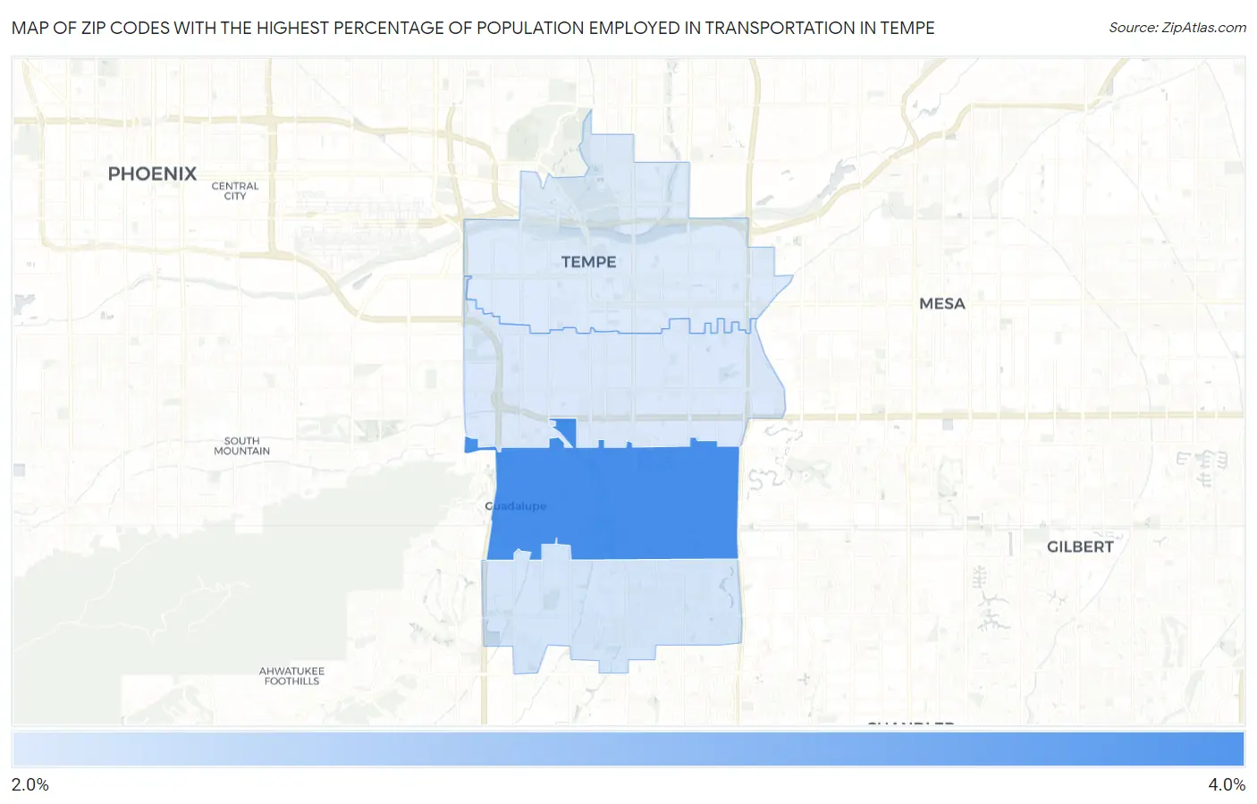 Zip Codes with the Highest Percentage of Population Employed in Transportation in Tempe Map