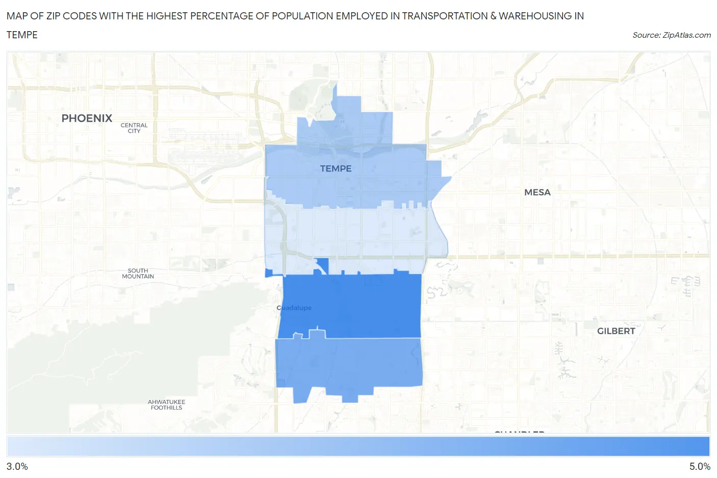 Zip Codes with the Highest Percentage of Population Employed in Transportation & Warehousing in Tempe Map
