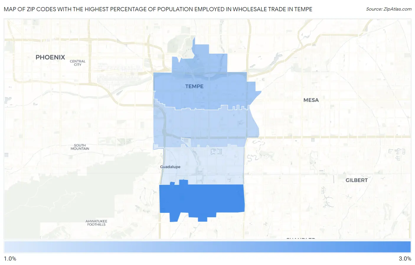 Zip Codes with the Highest Percentage of Population Employed in Wholesale Trade in Tempe Map