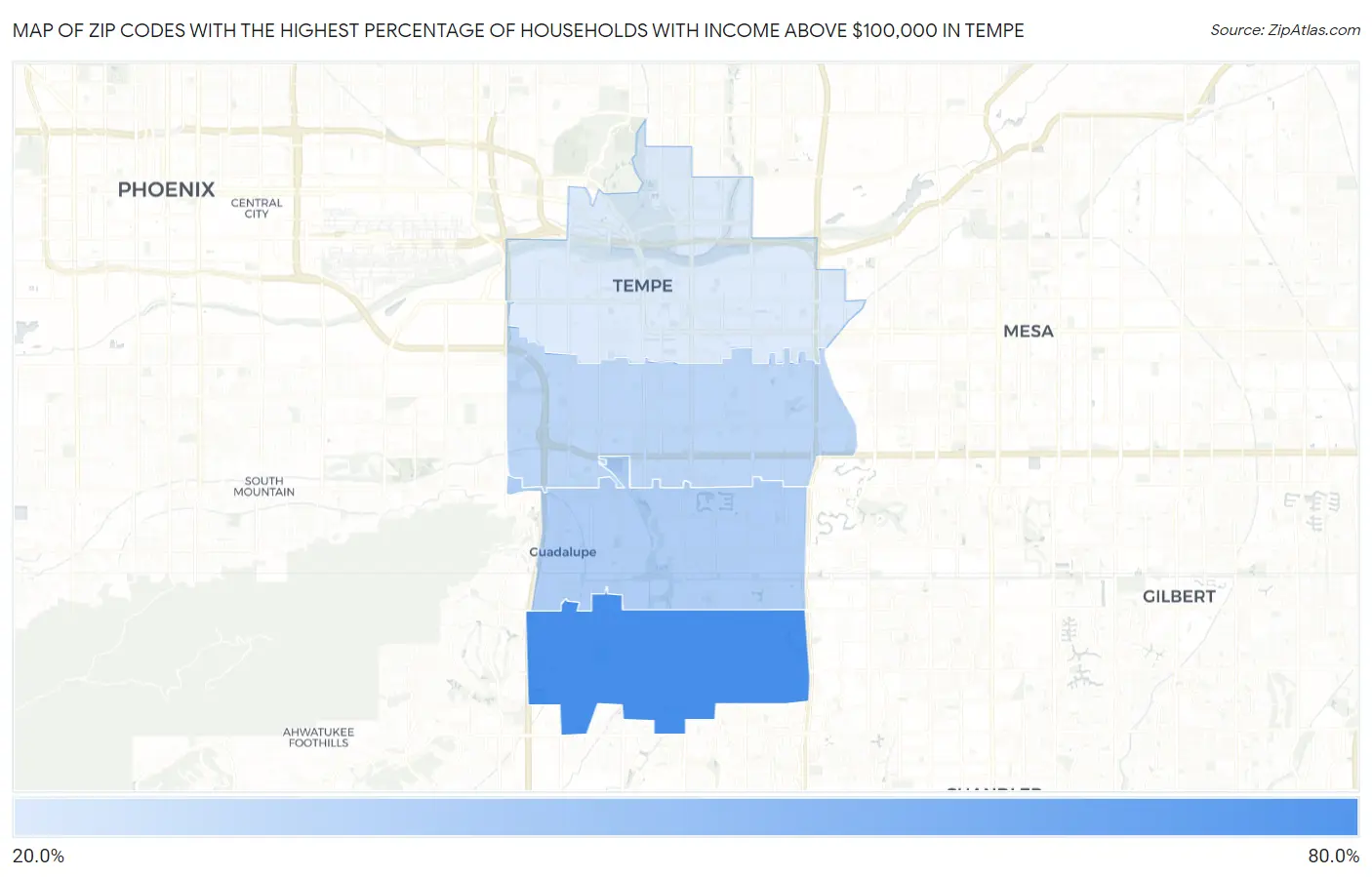 Zip Codes with the Highest Percentage of Households with Income Above $100,000 in Tempe Map