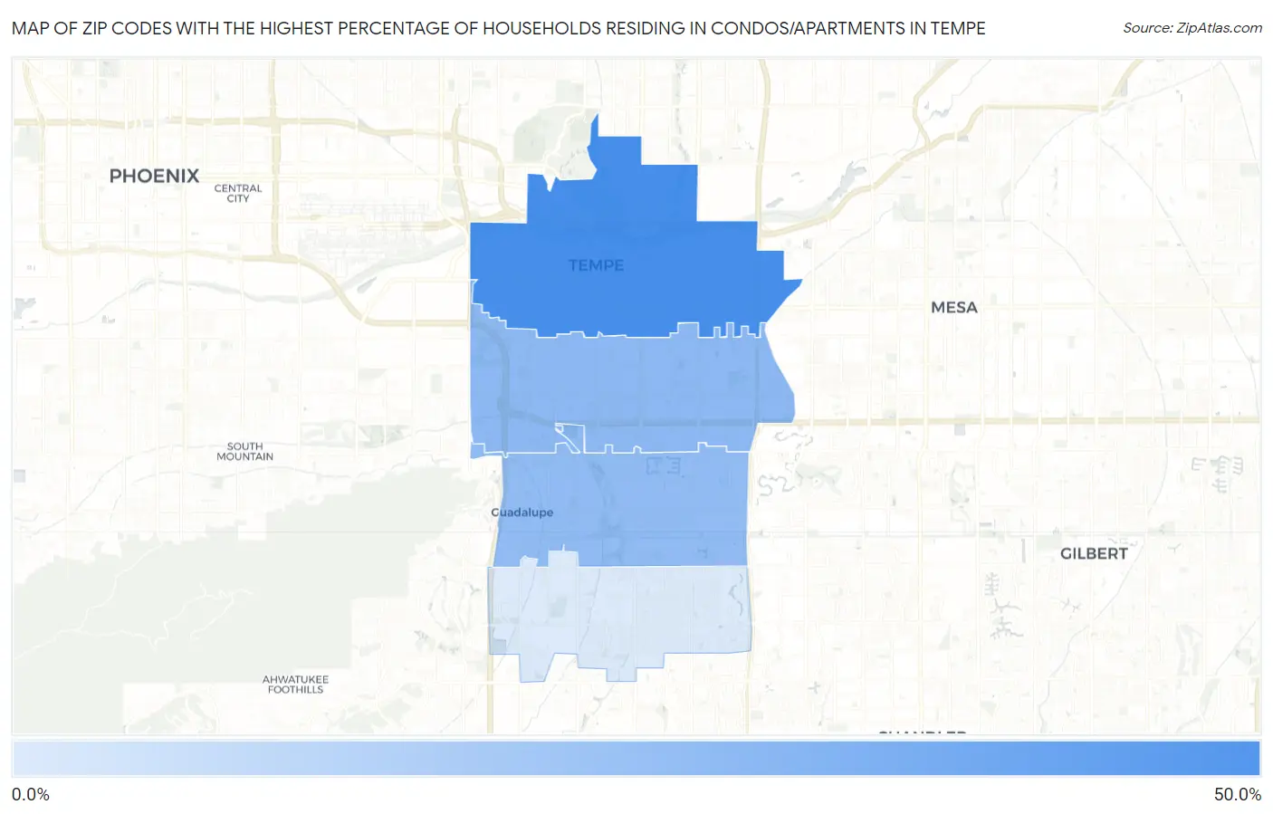 Zip Codes with the Highest Percentage of Households Residing in Condos/Apartments in Tempe Map
