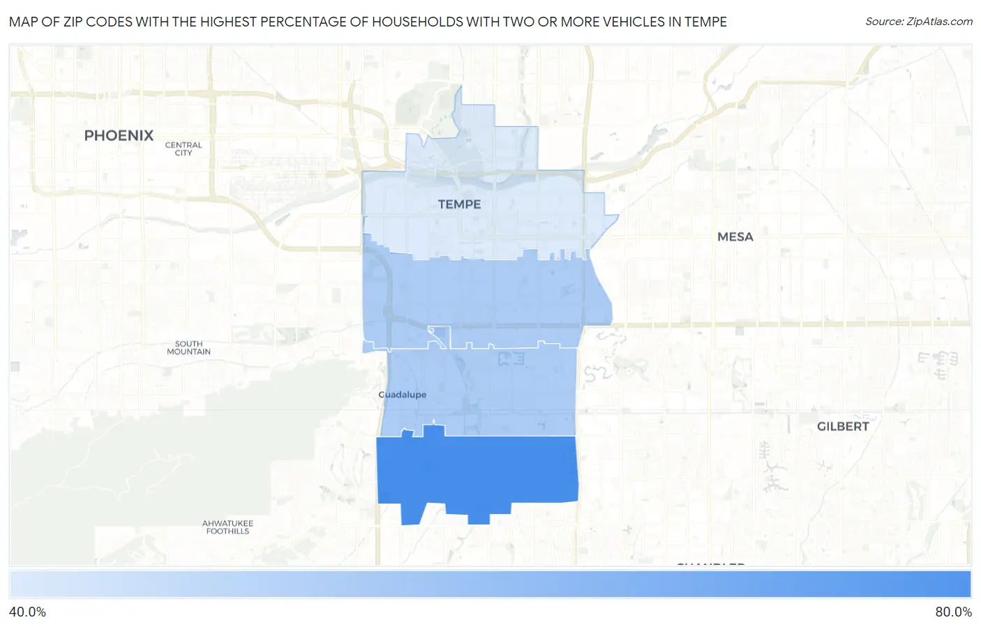 Zip Codes with the Highest Percentage of Households With Two or more Vehicles in Tempe Map