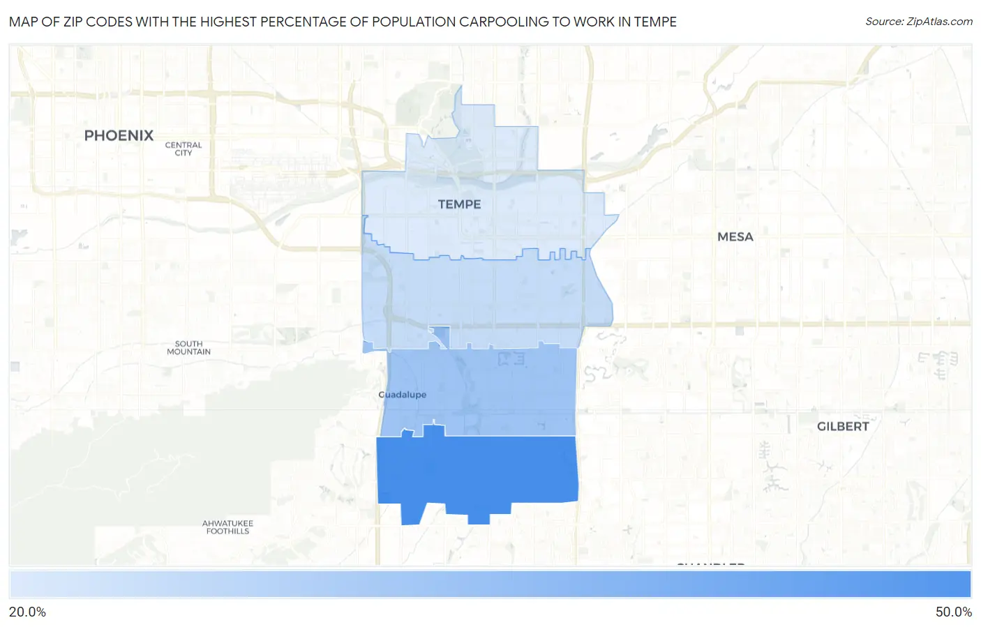 Zip Codes with the Highest Percentage of Population Carpooling to Work in Tempe Map