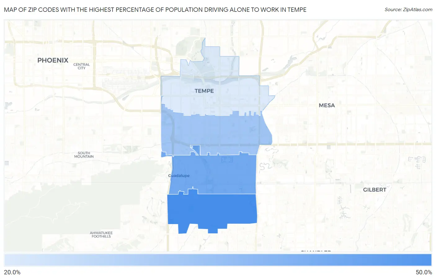Zip Codes with the Highest Percentage of Population Driving Alone to Work in Tempe Map
