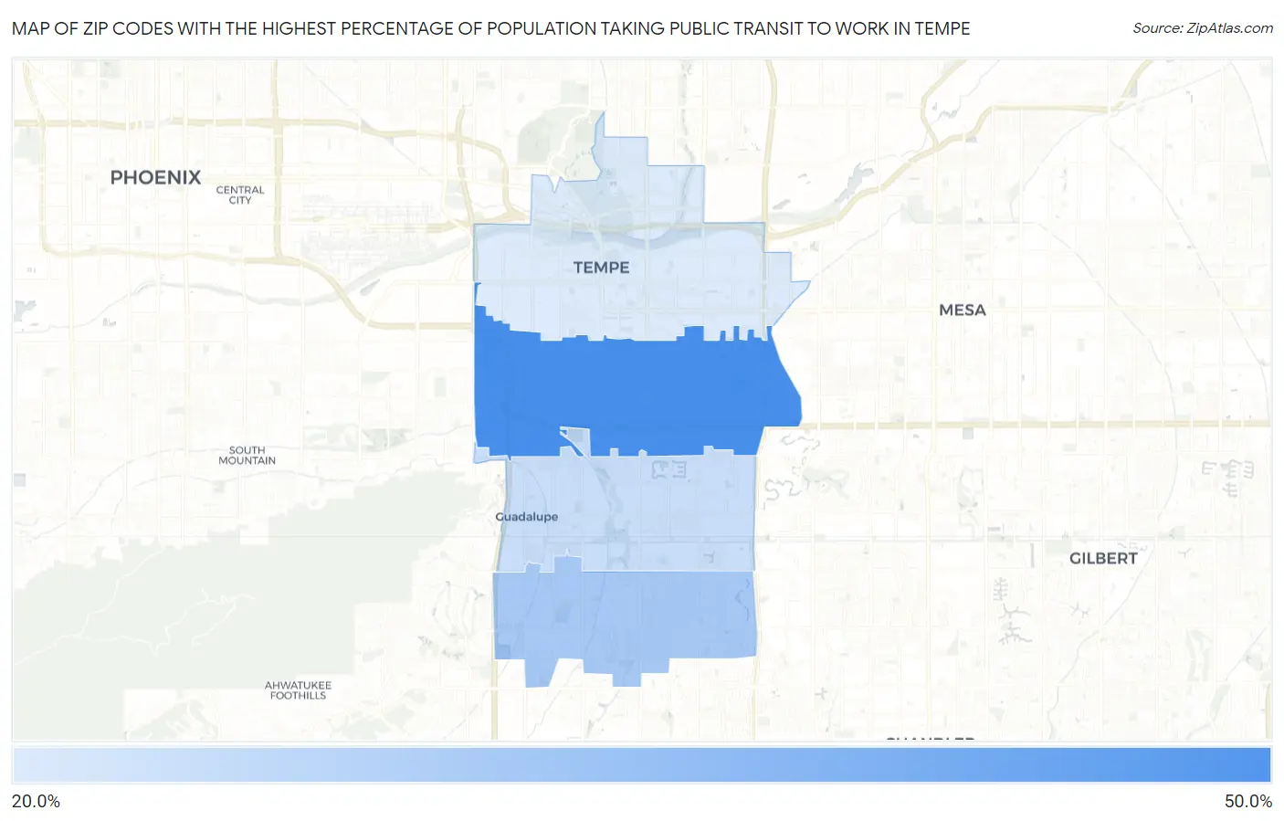Zip Codes with the Highest Percentage of Population Taking Public Transit to Work in Tempe Map