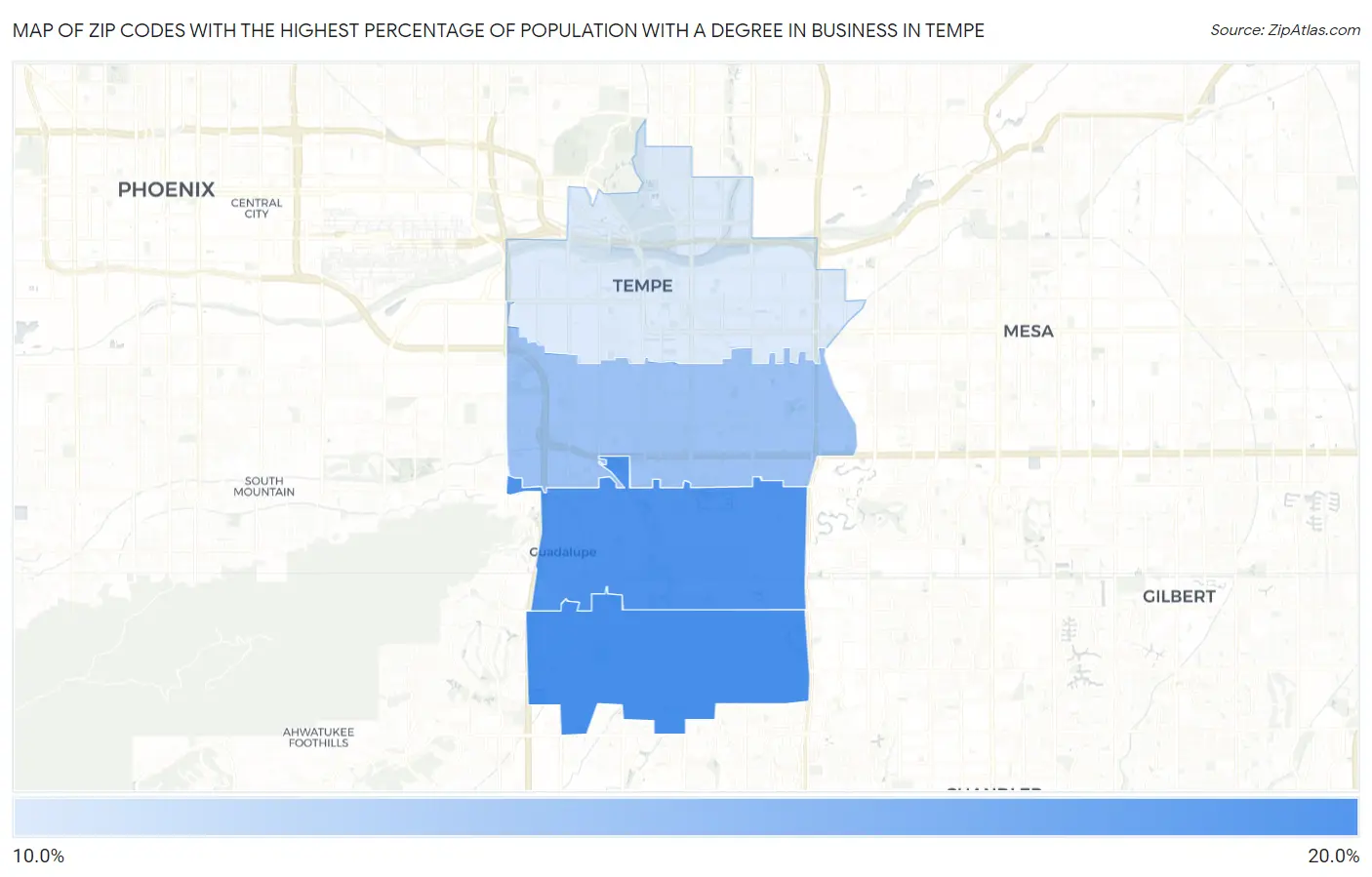 Zip Codes with the Highest Percentage of Population with a Degree in Business in Tempe Map