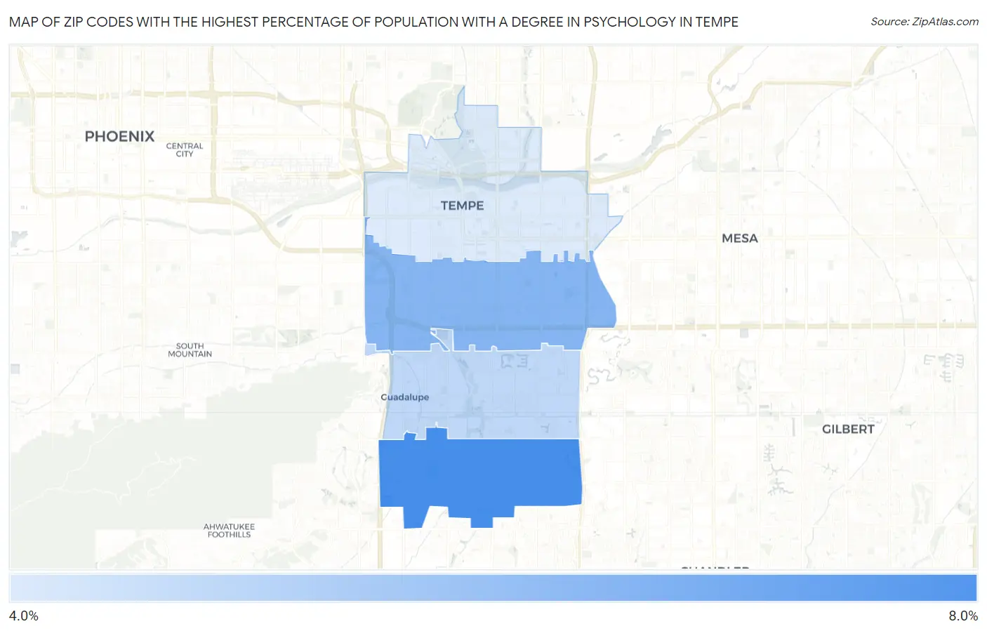 Zip Codes with the Highest Percentage of Population with a Degree in Psychology in Tempe Map