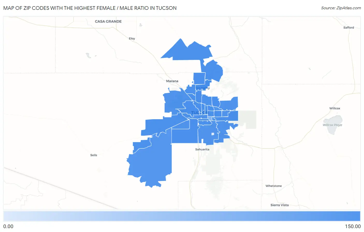 Zip Codes with the Highest Female / Male Ratio in Tucson Map