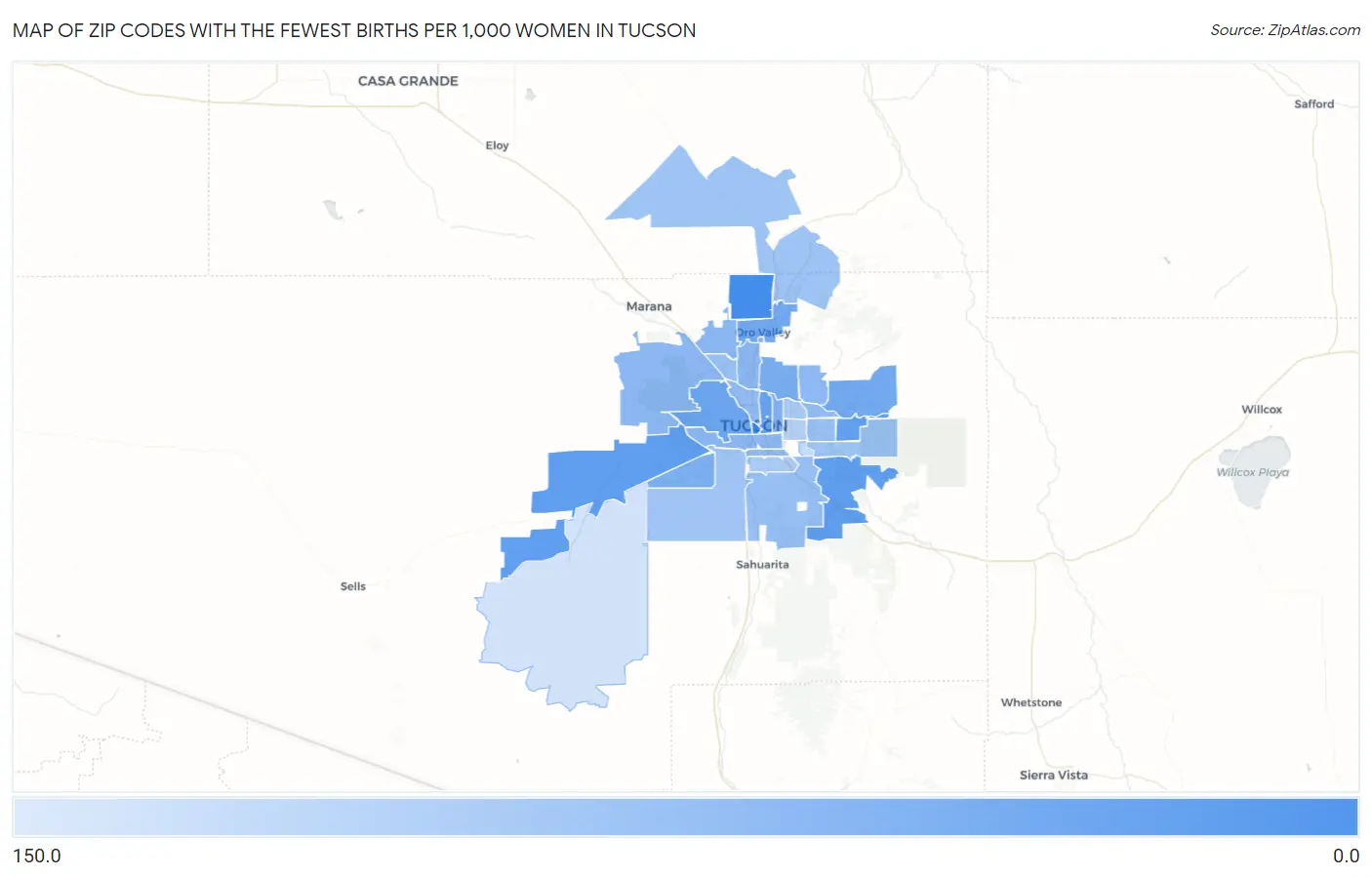 Zip Codes with the Fewest Births per 1,000 Women in Tucson Map