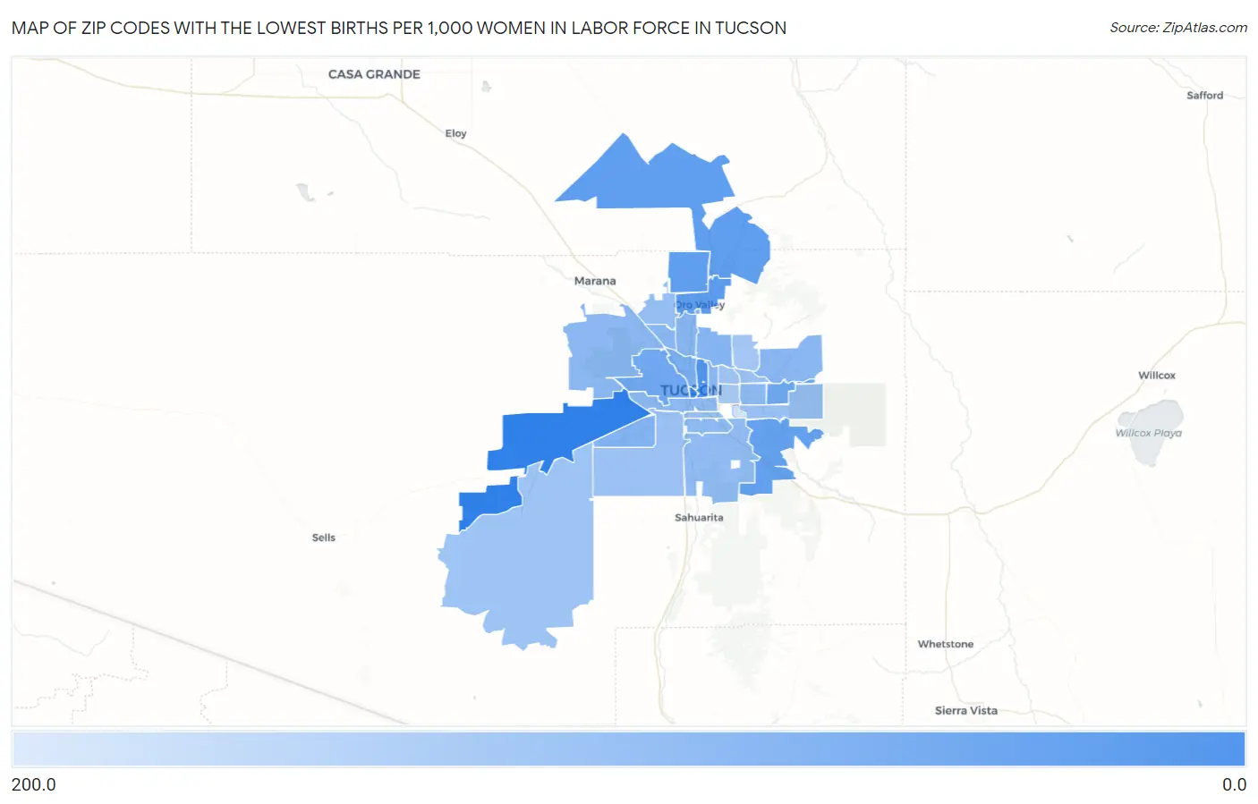 Zip Codes with the Lowest Births per 1,000 Women in Labor Force in Tucson Map