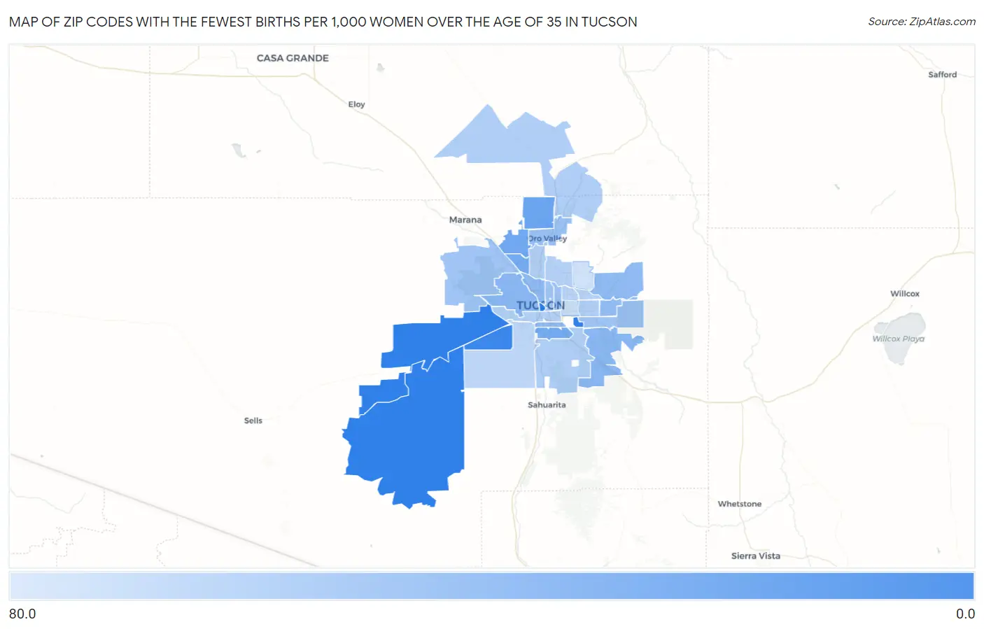 Zip Codes with the Fewest Births per 1,000 Women Over the Age of 35 in Tucson Map