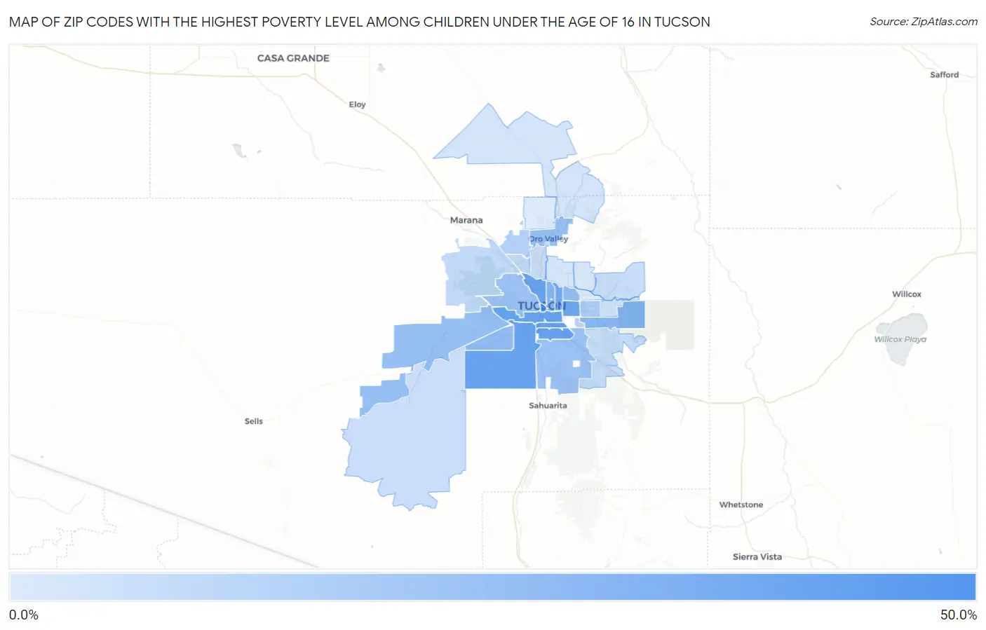 Zip Codes with the Highest Poverty Level Among Children Under the Age of 16 in Tucson Map