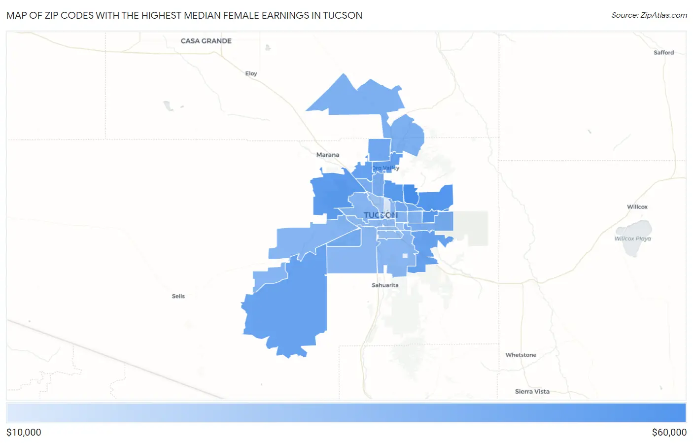 Zip Codes with the Highest Median Female Earnings in Tucson Map