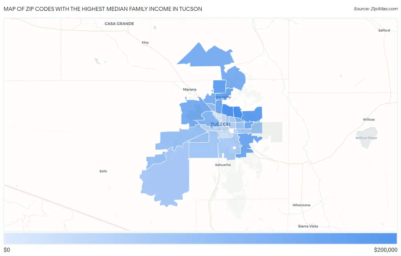 Zip Codes with the Highest Median Family Income in Tucson Map