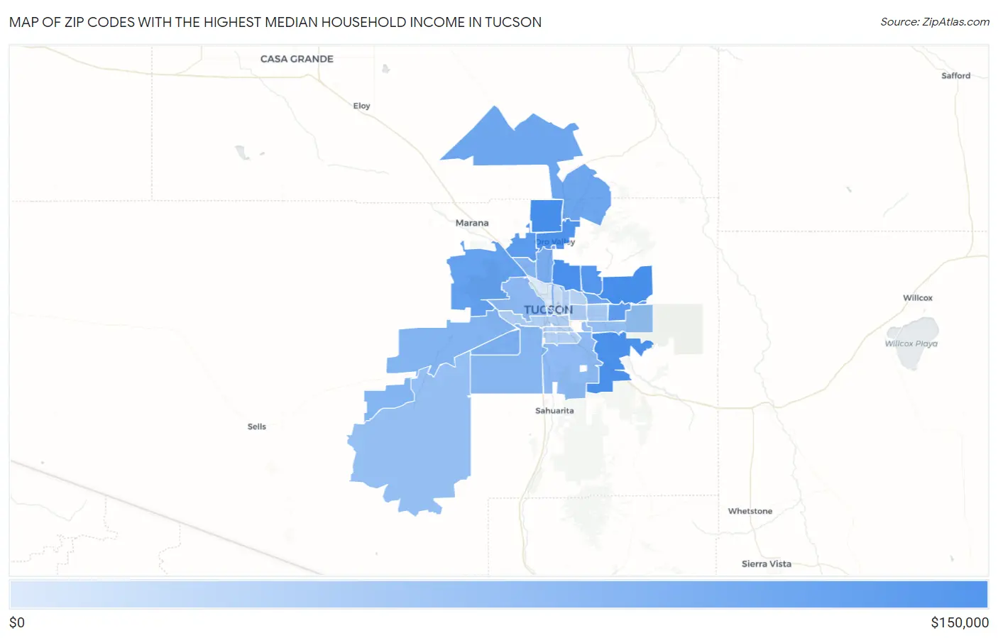 Zip Codes with the Highest Median Household Income in Tucson Map