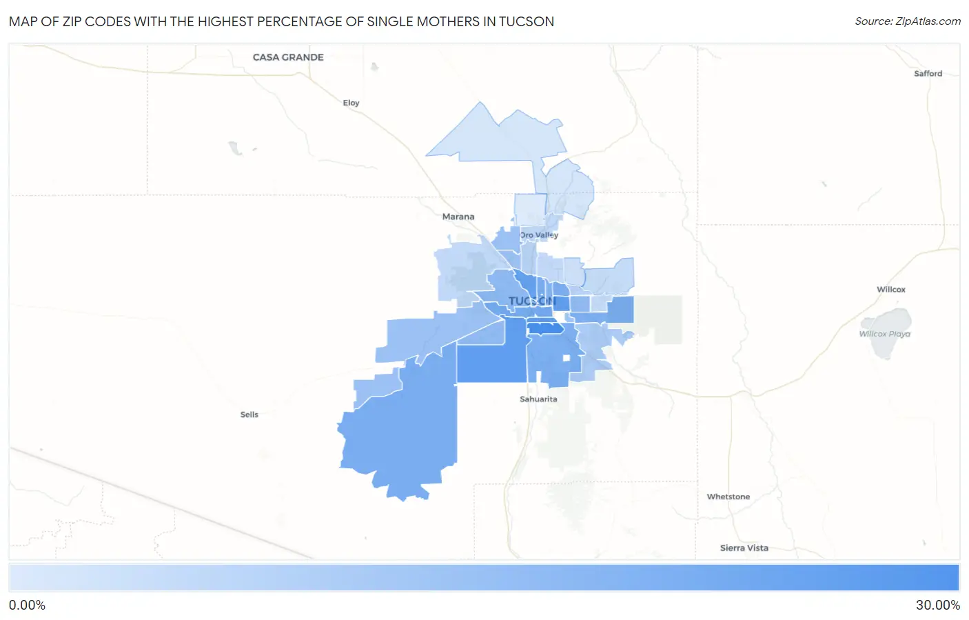 Zip Codes with the Highest Percentage of Single Mothers in Tucson Map