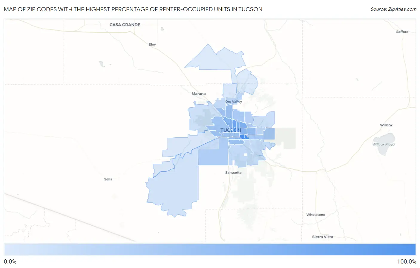 Zip Codes with the Highest Percentage of Renter-Occupied Units in Tucson Map