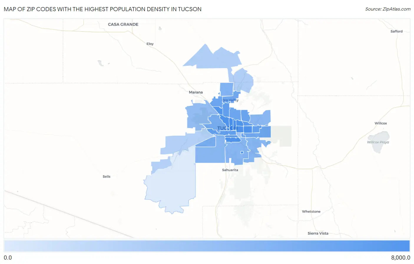 Zip Codes with the Highest Population Density in Tucson Map