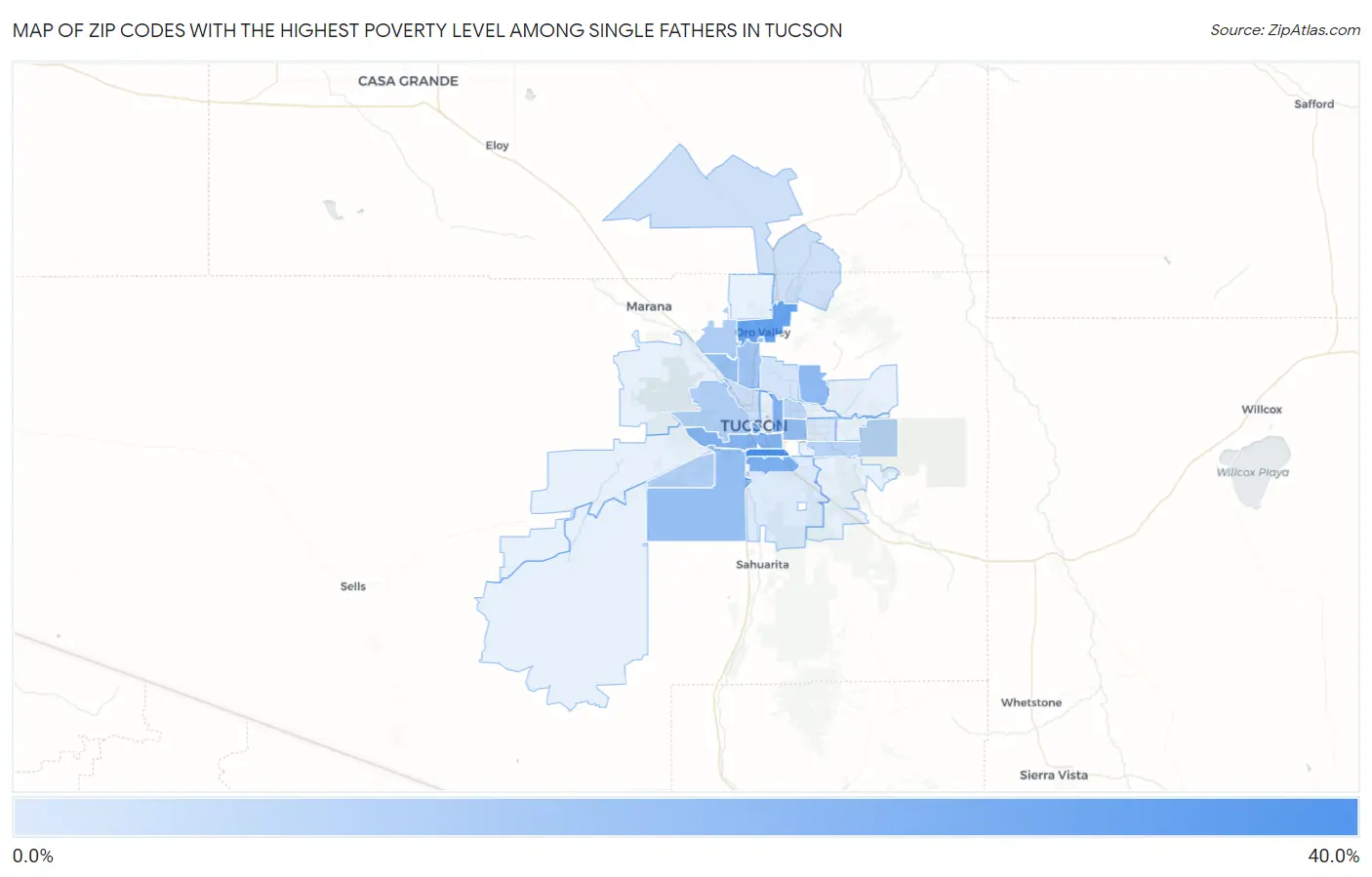 Zip Codes with the Highest Poverty Level Among Single Fathers in Tucson Map