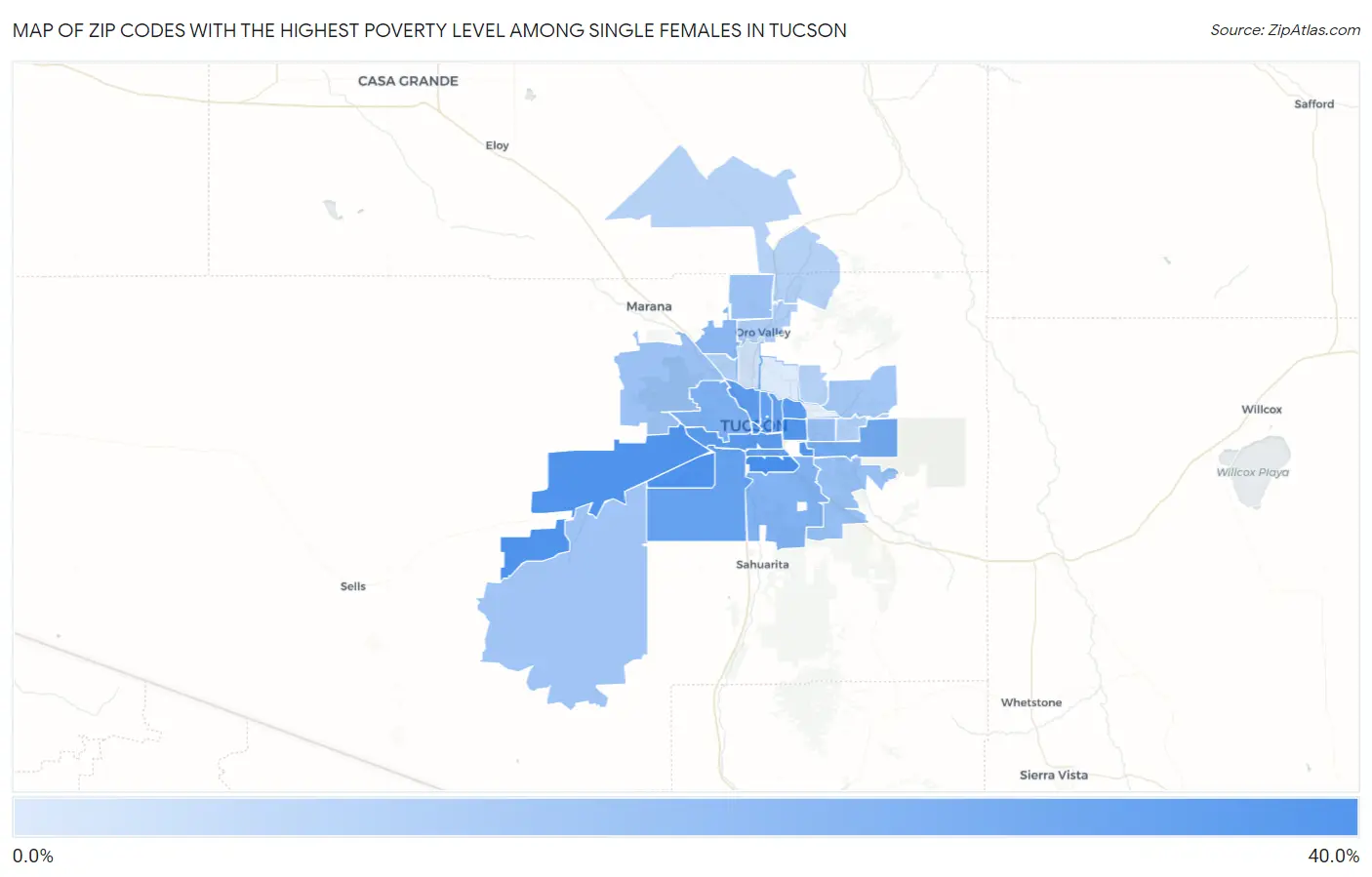 Zip Codes with the Highest Poverty Level Among Single Females in Tucson Map