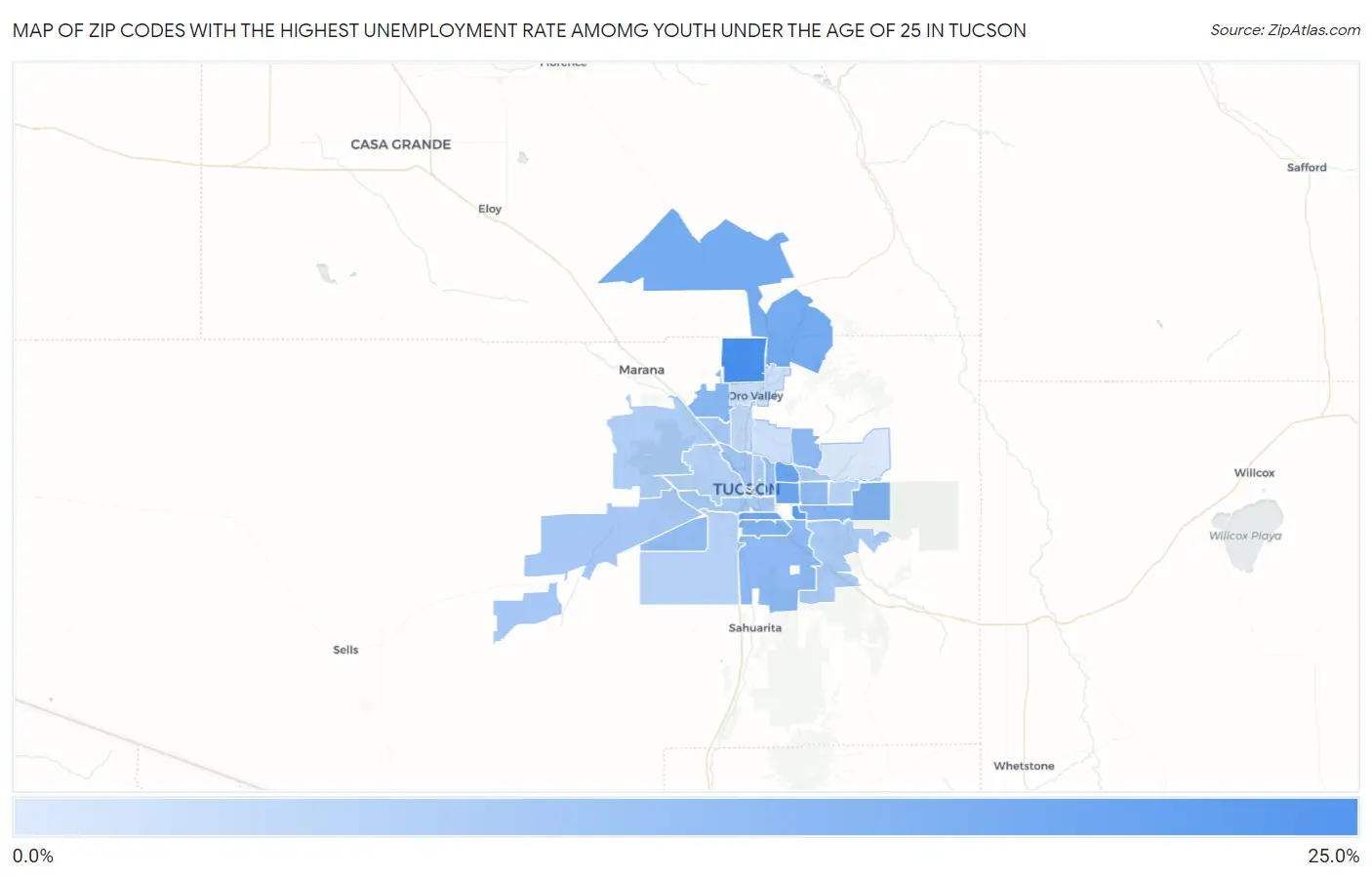 Zip Codes with the Highest Unemployment Rate Amomg Youth Under the Age of 25 in Tucson Map