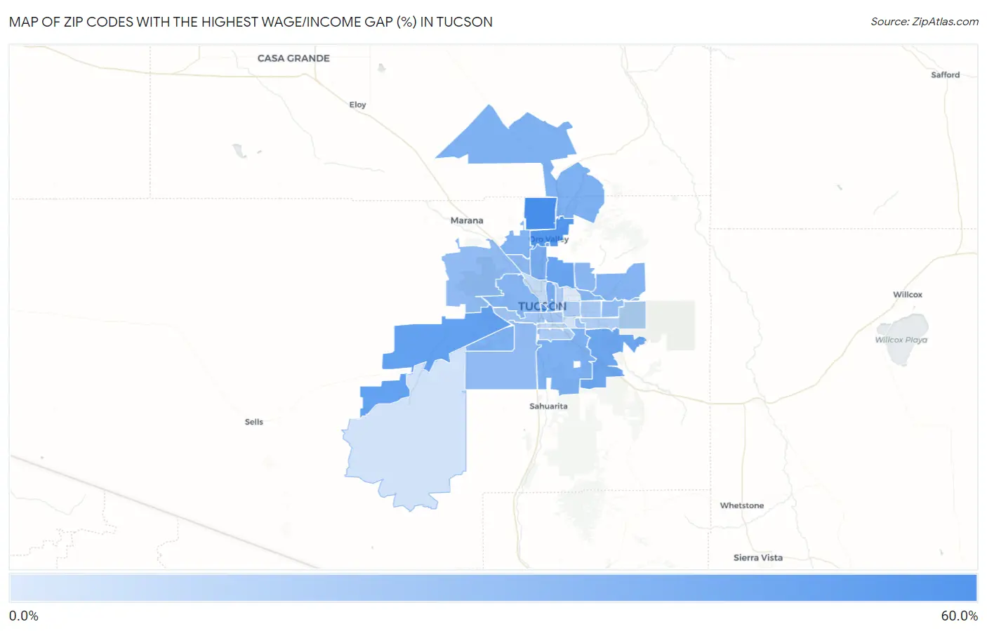 Zip Codes with the Highest Wage/Income Gap (%) in Tucson Map