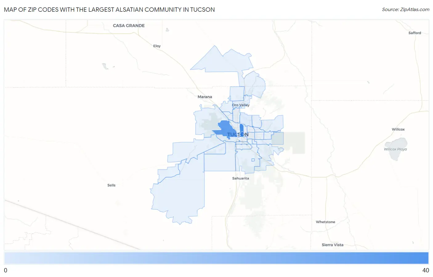 Zip Codes with the Largest Alsatian Community in Tucson Map