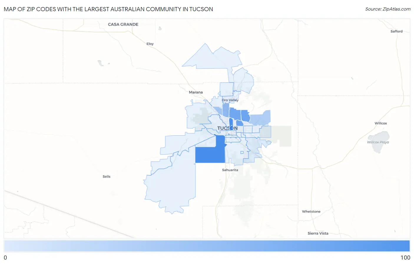 Zip Codes with the Largest Australian Community in Tucson Map