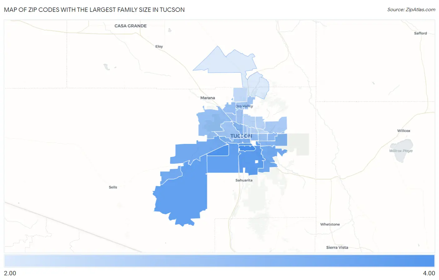 Zip Codes with the Largest Family Size in Tucson Map
