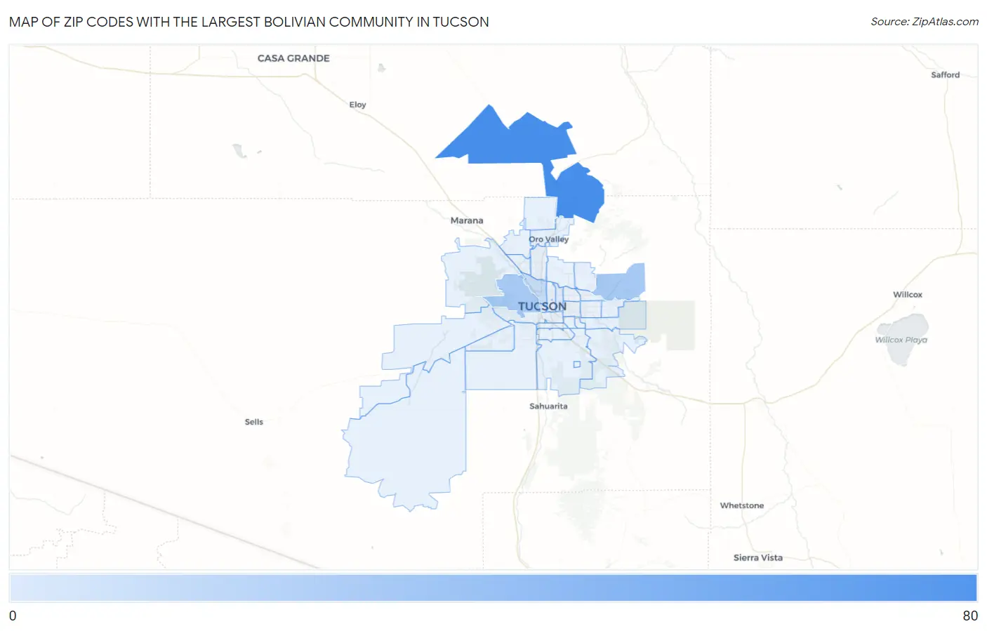 Zip Codes with the Largest Bolivian Community in Tucson Map