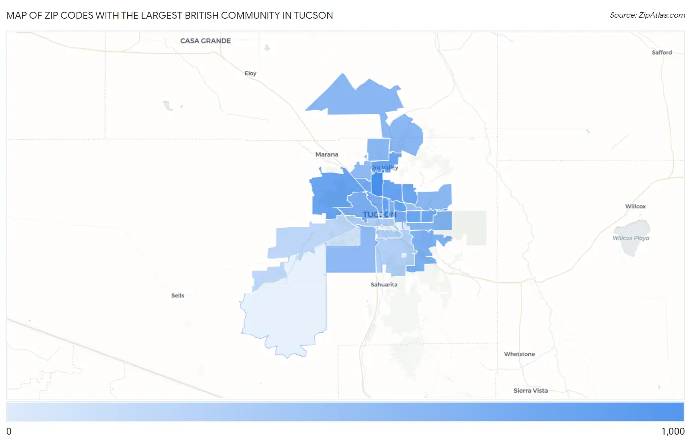 Zip Codes with the Largest British Community in Tucson Map