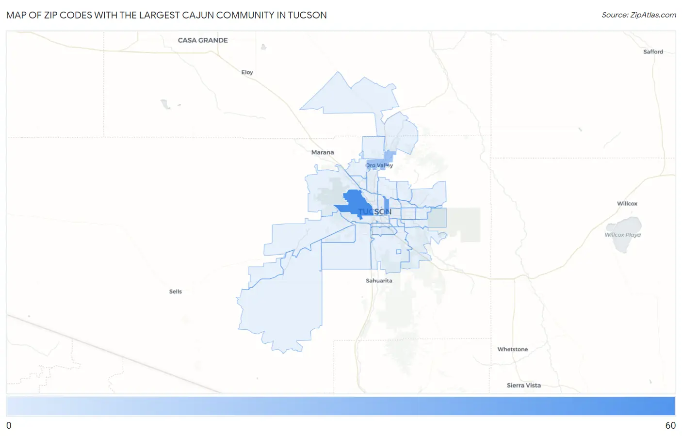 Zip Codes with the Largest Cajun Community in Tucson Map