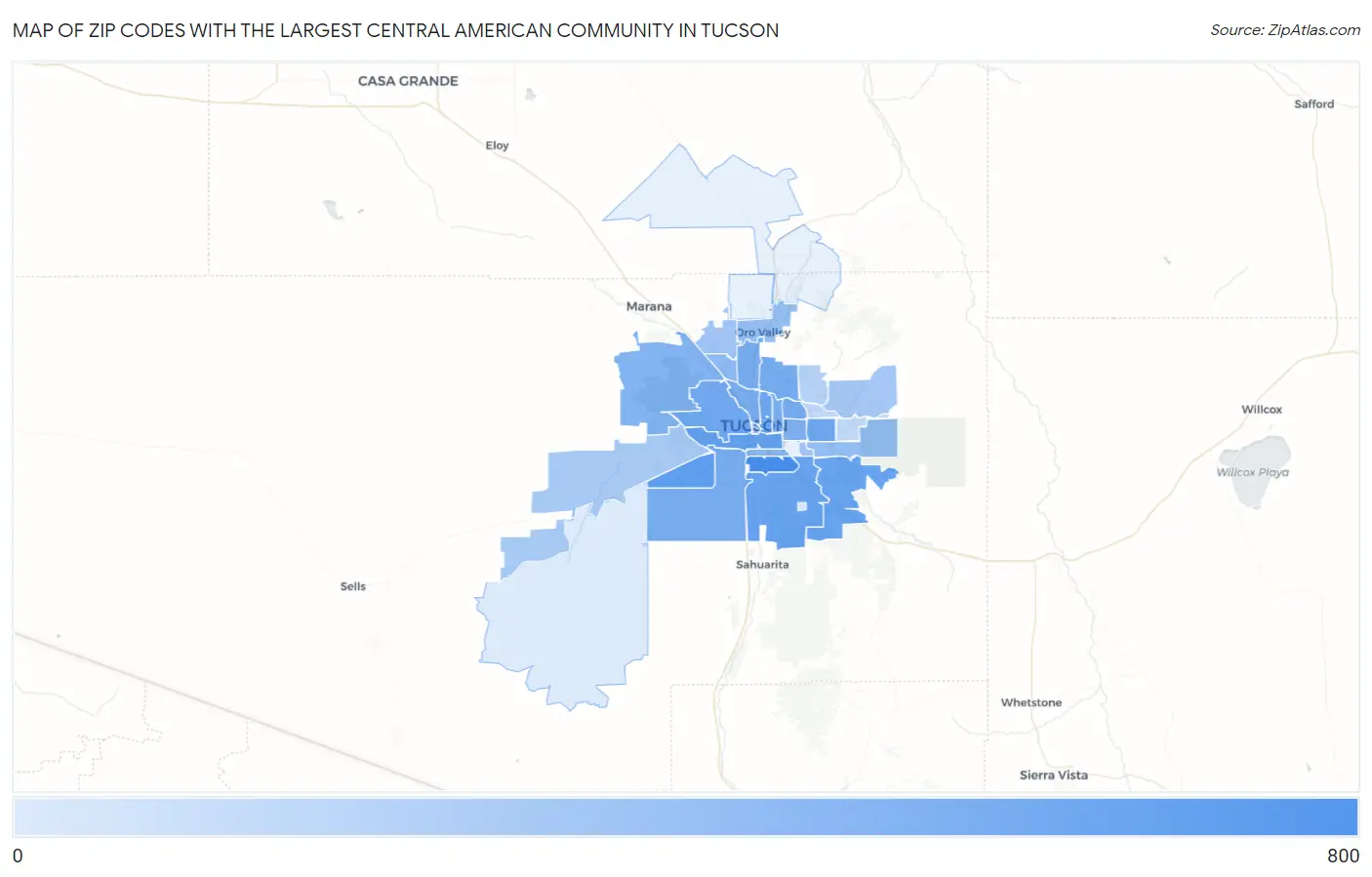 Zip Codes with the Largest Central American Community in Tucson Map