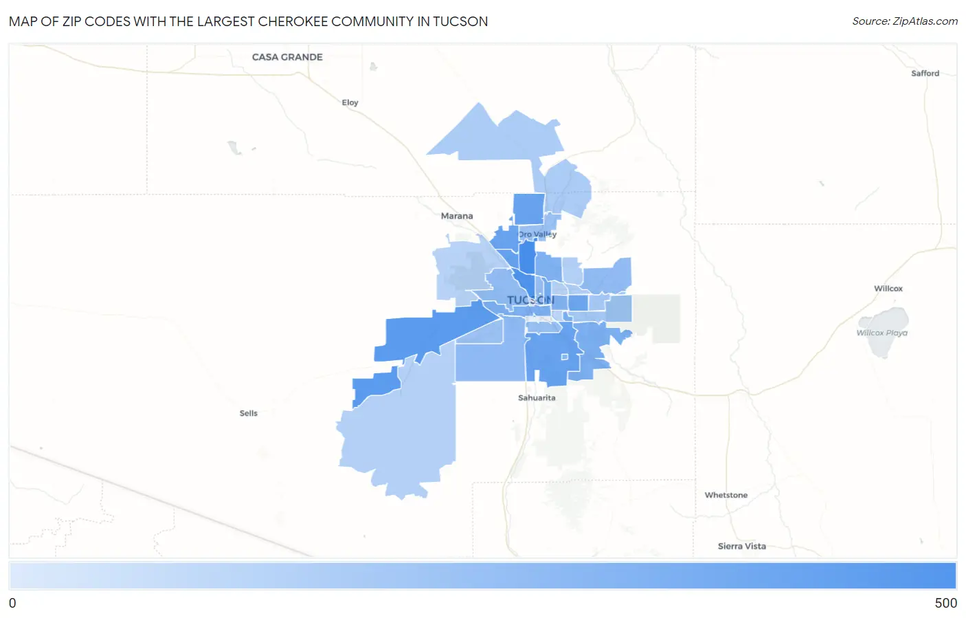 Zip Codes with the Largest Cherokee Community in Tucson Map