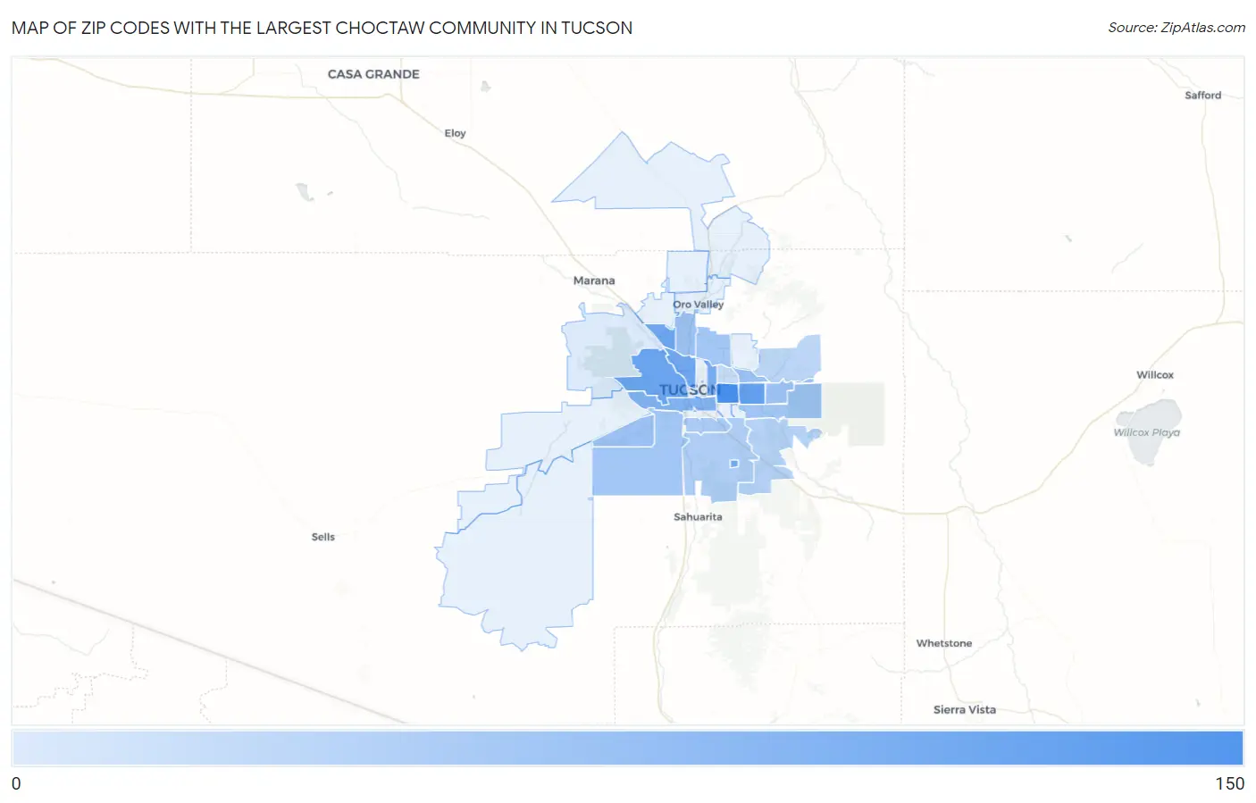 Zip Codes with the Largest Choctaw Community in Tucson Map