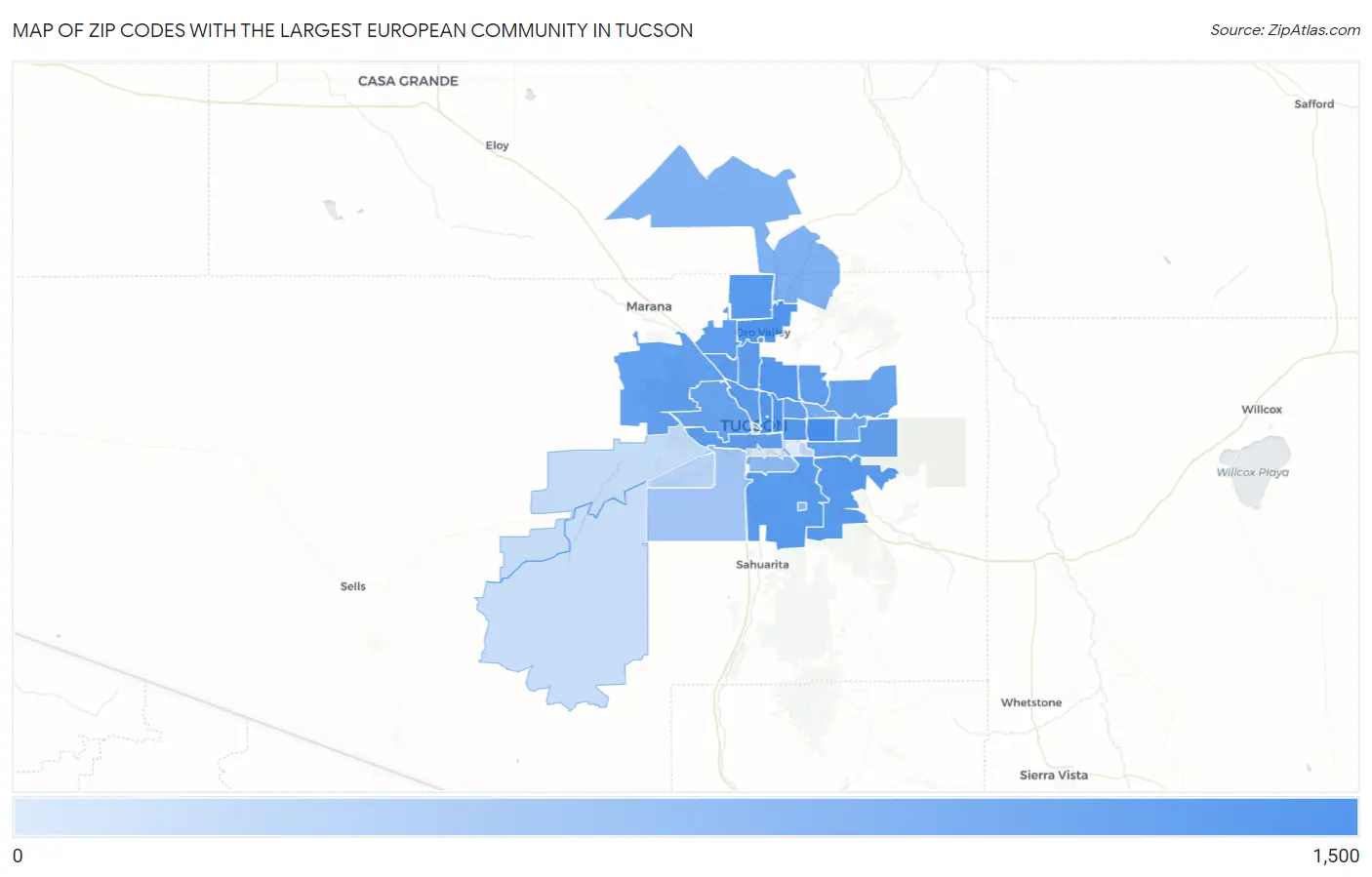 Zip Codes with the Largest European Community in Tucson Map