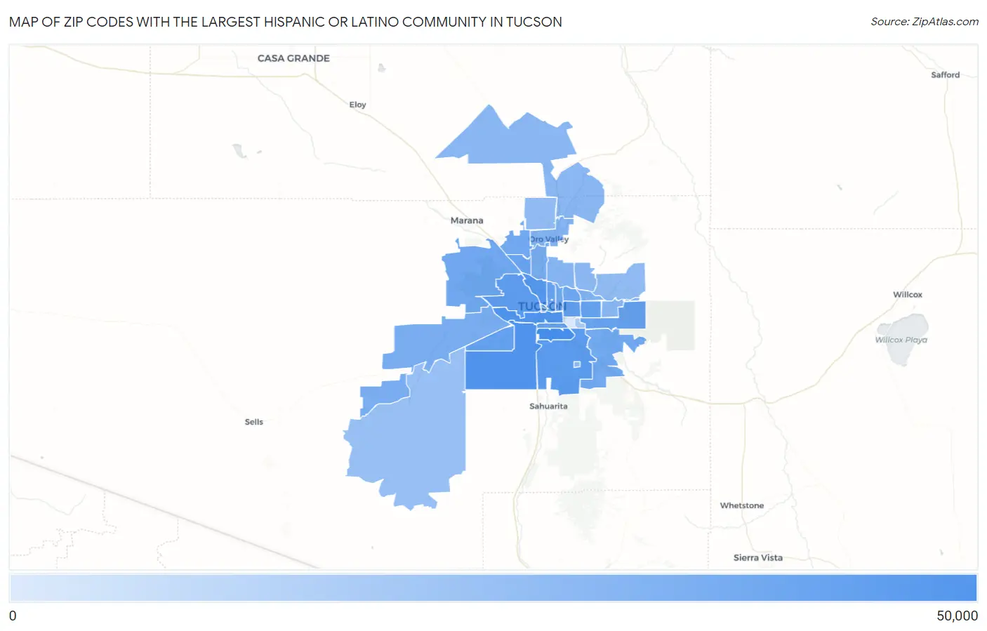 Zip Codes with the Largest Hispanic or Latino Community in Tucson Map