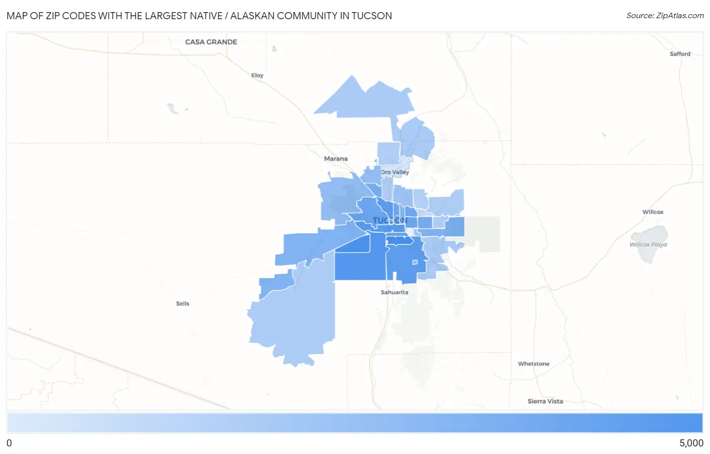 Zip Codes with the Largest Native / Alaskan Community in Tucson Map