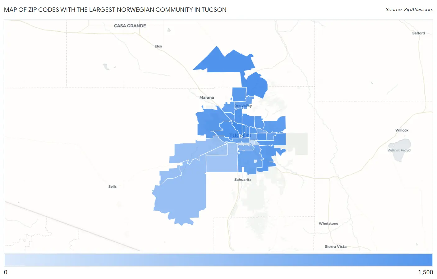Zip Codes with the Largest Norwegian Community in Tucson Map