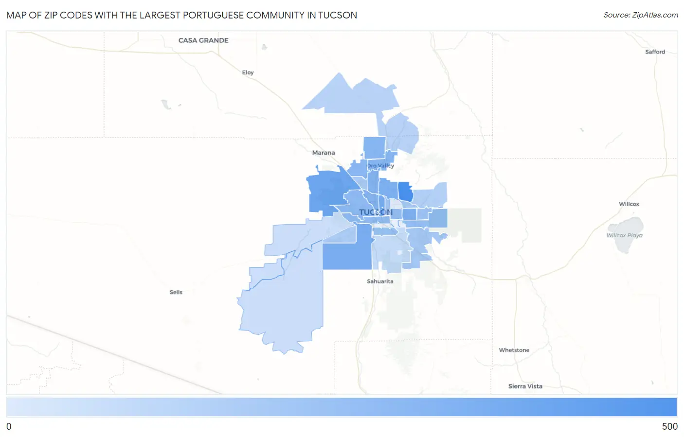 Zip Codes with the Largest Portuguese Community in Tucson Map