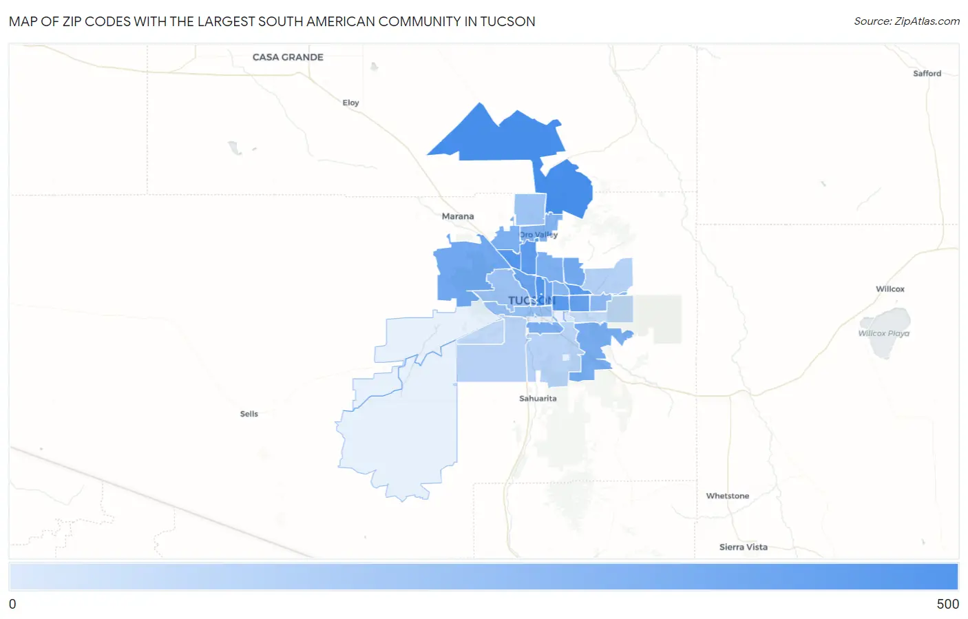 Zip Codes with the Largest South American Community in Tucson Map