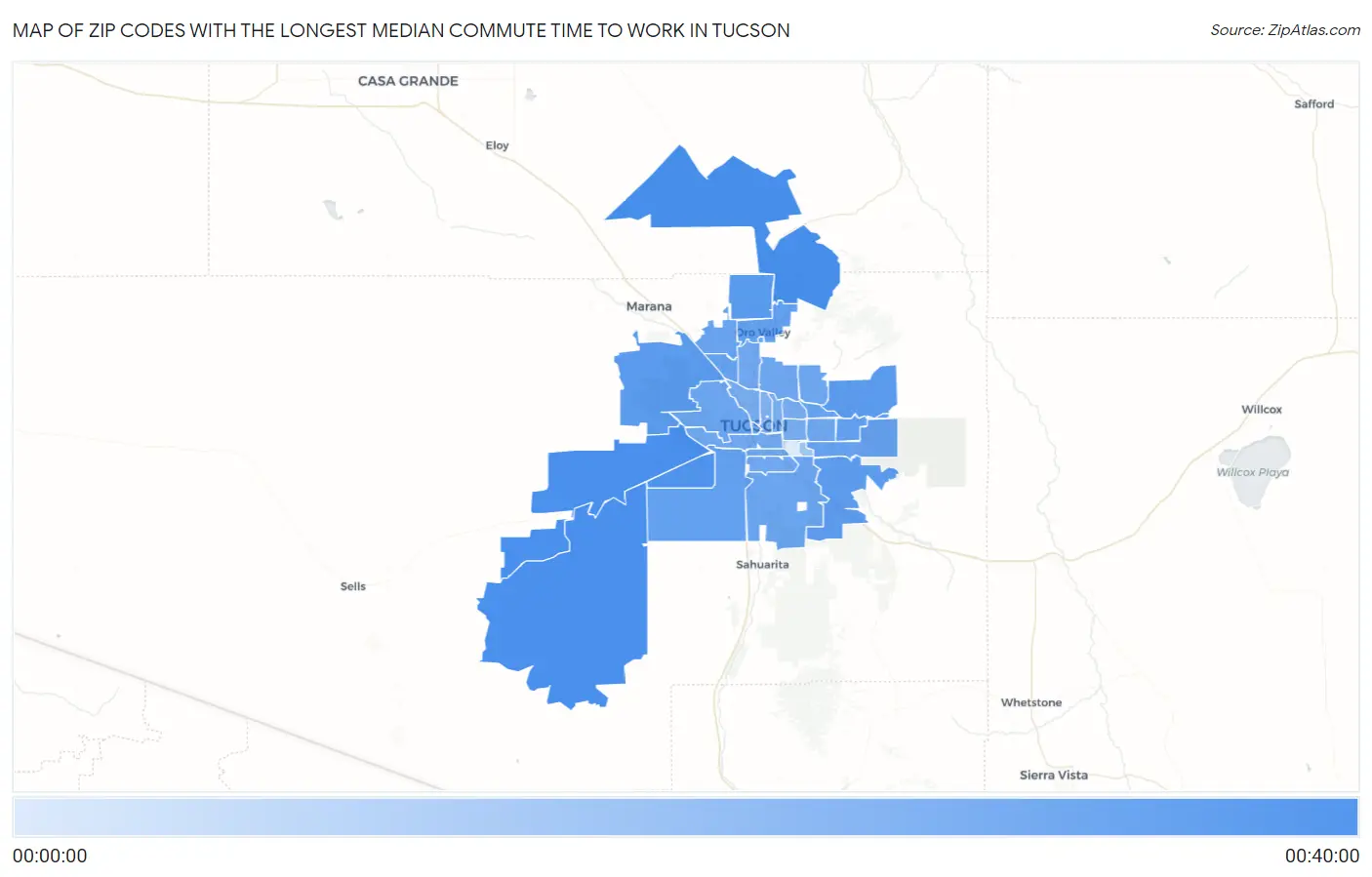 Zip Codes with the Longest Median Commute Time to Work in Tucson Map