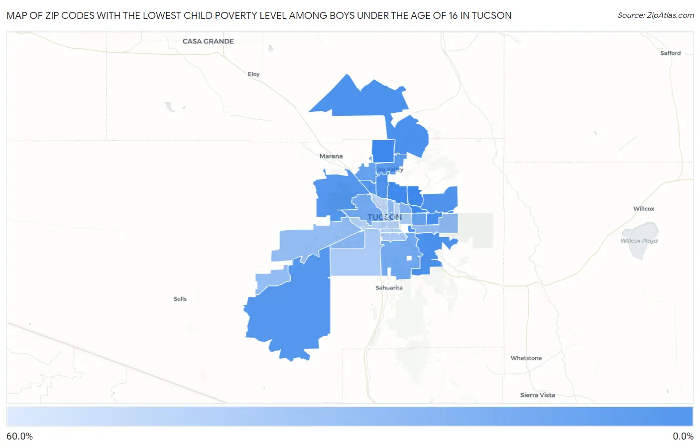 Zip Codes with the Lowest Child Poverty Level Among Boys Under the Age of 16 in Tucson Map