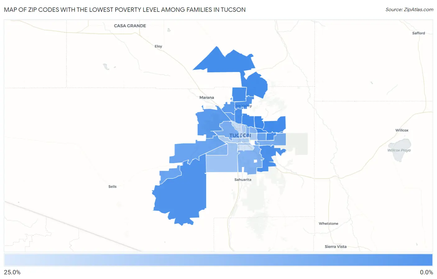 Zip Codes with the Lowest Poverty Level Among Families in Tucson Map
