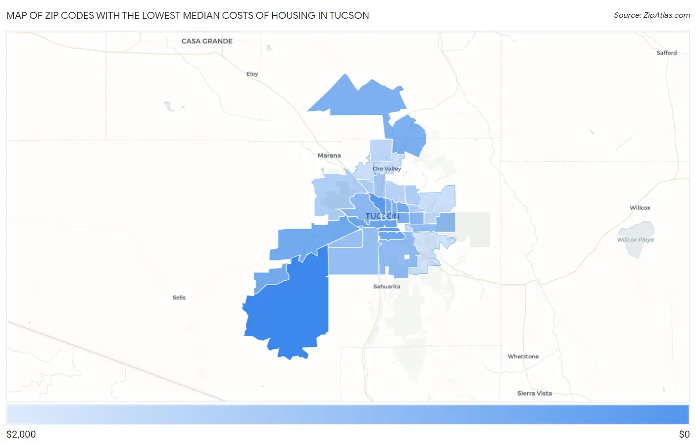 Zip Codes with the Lowest Median Costs of Housing in Tucson Map