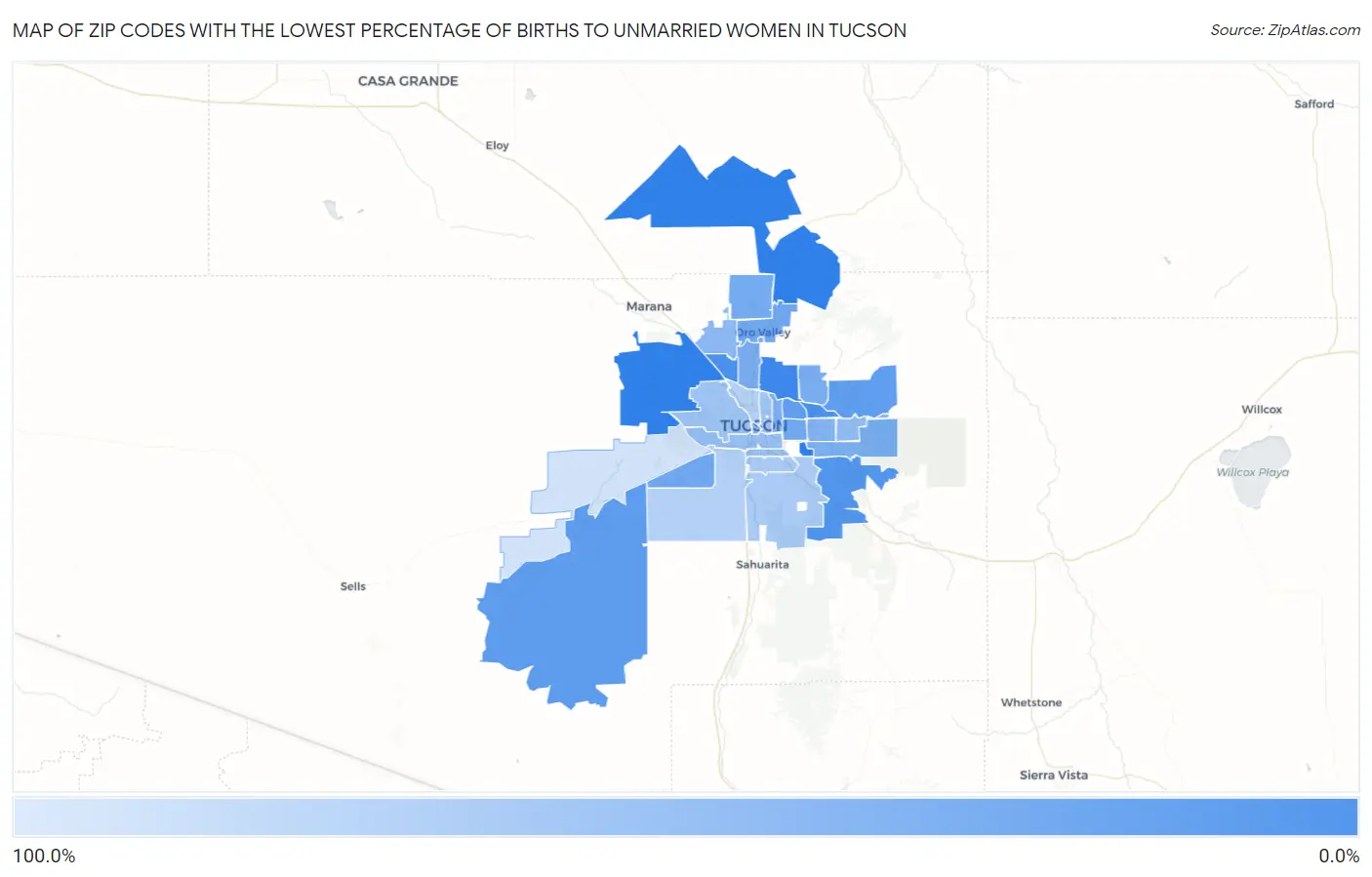 Zip Codes with the Lowest Percentage of Births to Unmarried Women in Tucson Map