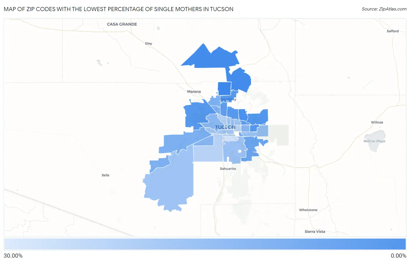 Zip Codes with the Lowest Percentage of Single Mothers in Tucson Map